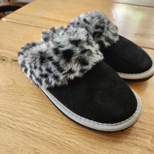 Minnetonka Joanna Black Moccasin Slippers Faux Fur Leopard Trim Women's Size 8‎